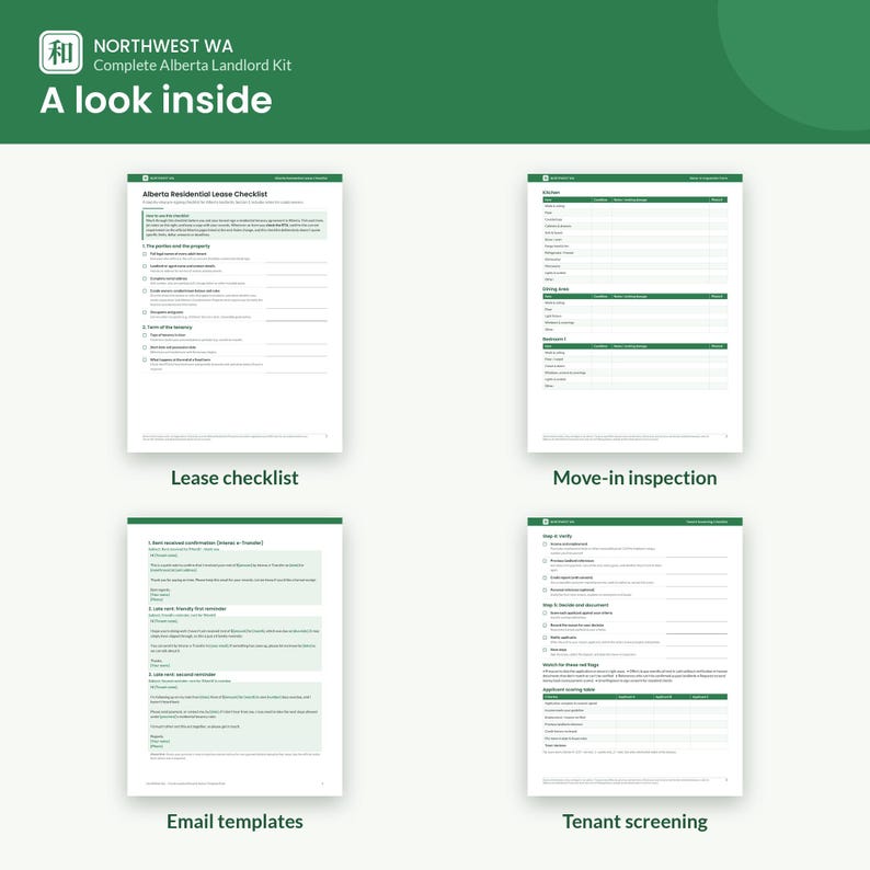 Pu&ograve; includere: Un set di documenti Northwest WA Complete Alberta Landlord Kit composto da quattro pagine bianche con intestazioni verdi. Le pagine includono una lista di controllo per il contratto di locazione, un modulo di ispezione, modelli di email e un documento di selezione degli inquilini.