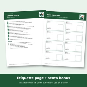 May include: Two white informational sheets with dark green headers. The left sheet titled Onsen etiquette lists numbered rules and tattoo guidelines. The right sheet titled Sento stamp page features eight rectangular boxes for recording bathhouse visits.
