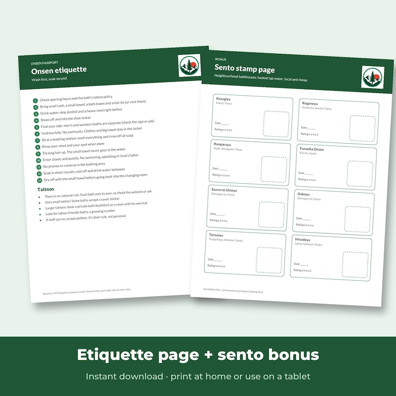May include: Two white informational sheets with dark green headers. The left sheet titled Onsen etiquette lists numbered rules and tattoo guidelines. The right sheet titled Sento stamp page features eight rectangular boxes for recording bathhouse visits.
