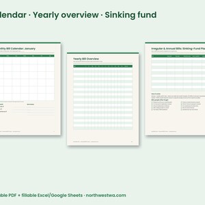 May include: Three digital financial planning templates featuring a Monthly Bill Calendar, a Yearly Bill Overview, and an Irregular & Annual Bills Sinking-Fund Planner. Each page uses a white background with dark green headers and grid lines.