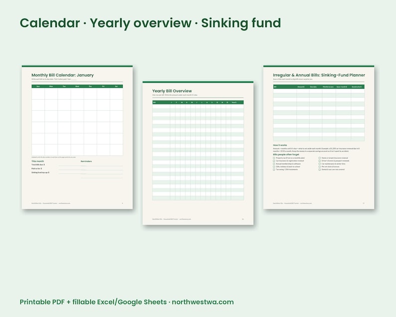 May include: Three digital financial planning templates featuring a Monthly Bill Calendar, a Yearly Bill Overview, and an Irregular & Annual Bills Sinking-Fund Planner. Each page uses a white background with dark green headers and grid lines.