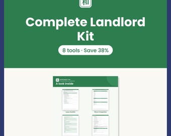 May include: A digital document set titled Complete Landlord Kit with 8 tools. The graphic features a green background with white text and a smaller preview showing four document pages labeled Lease checklist, Move-in inspection, Email templates, and Tenant screening.