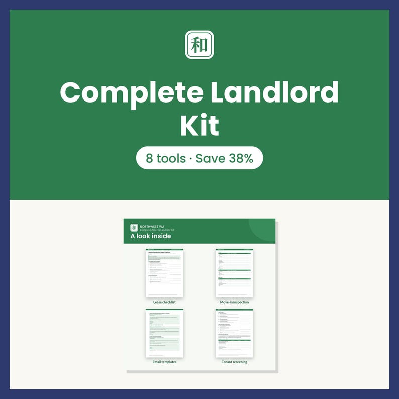 May include: A digital document set titled Complete Landlord Kit with 8 tools. The graphic features a green background with white text and a smaller preview showing four document pages labeled Lease checklist, Move-in inspection, Email templates, and Tenant screening.