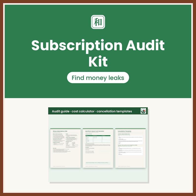 Op de afbeelding: Een digitaal abonnement-auditkit op een groene achtergrond met witte tekst Subscription Audit Kit en Find money leaks. Drie documentpagina's tonen Audit guide, cost calculator en cancellation templates.