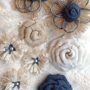 Navy Burlap 8 Flower Set, Shabby, Rustic, Navy Roses, Navy flowers, Navy burlap, farmhouse decor, rustic decor, DIY, navy blue flowers image 5