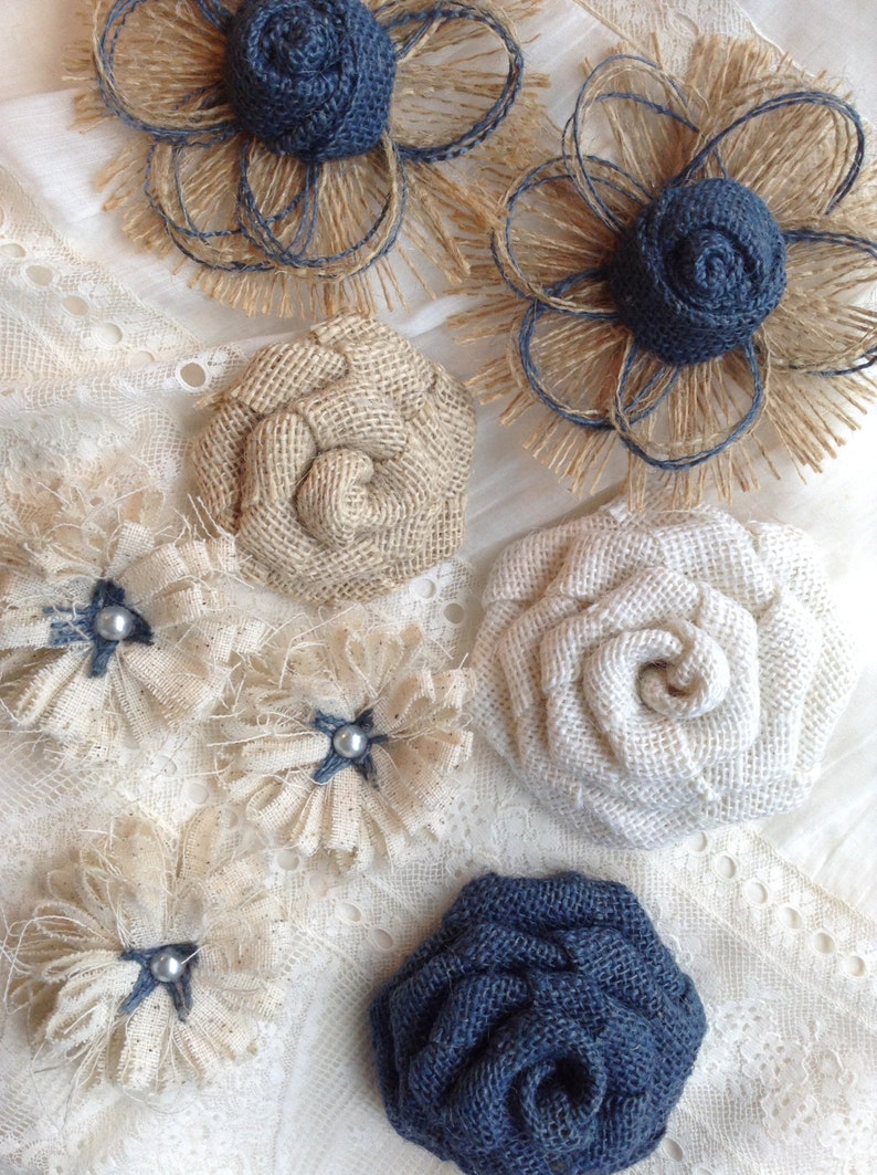 Navy Burlap 8 Flower Set, Shabby, Rustic, Navy Roses, Navy flowers, Navy burlap, farmhouse decor, rustic decor, DIY, navy blue flowers image 5