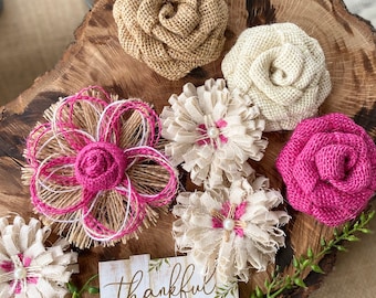 Pink Burlap Flower Set of 7 - Baby Shower, Easter, Farmhouse, Pink Wedding, Fuchsia, Burlap Flowers, pink, Mother's Day, hot pink, Valentine