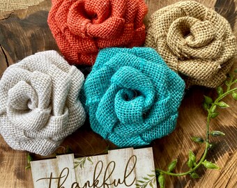 Turquoise and Orange Burlap Rose Set of 4 - Turquoise flowers, Orange flowers, Aqua flowers, Rustic flowers, burlap flowers, turquoise