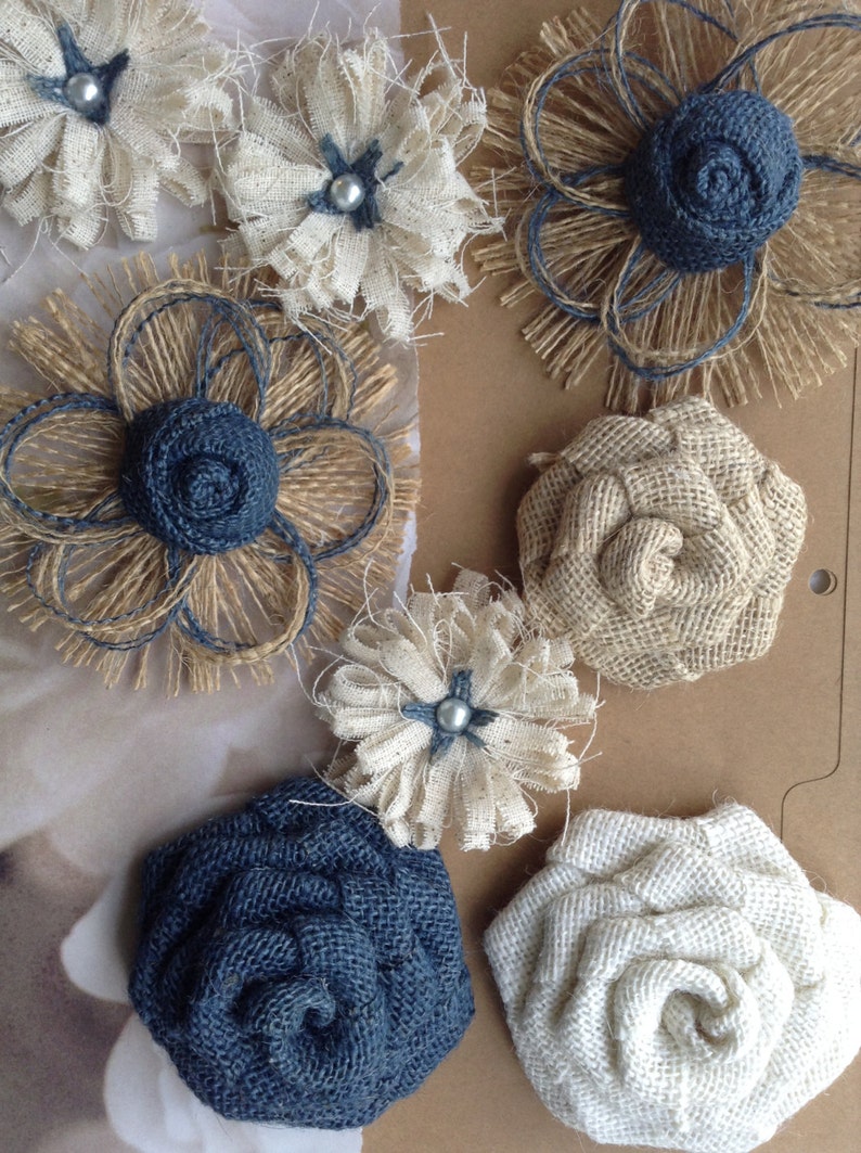 Navy Burlap 8 Flower Set, Shabby, Rustic, Navy Roses, Navy flowers, Navy burlap, farmhouse decor, rustic decor, DIY, navy blue flowers image 4