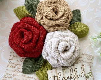 Red Rose Flower Trio - Rustic Flowers, Red Rose, Burlap Rose, Farmhouse Rose, Mother's Day, Valentine's Day, Burlap Flowers, Red wedding