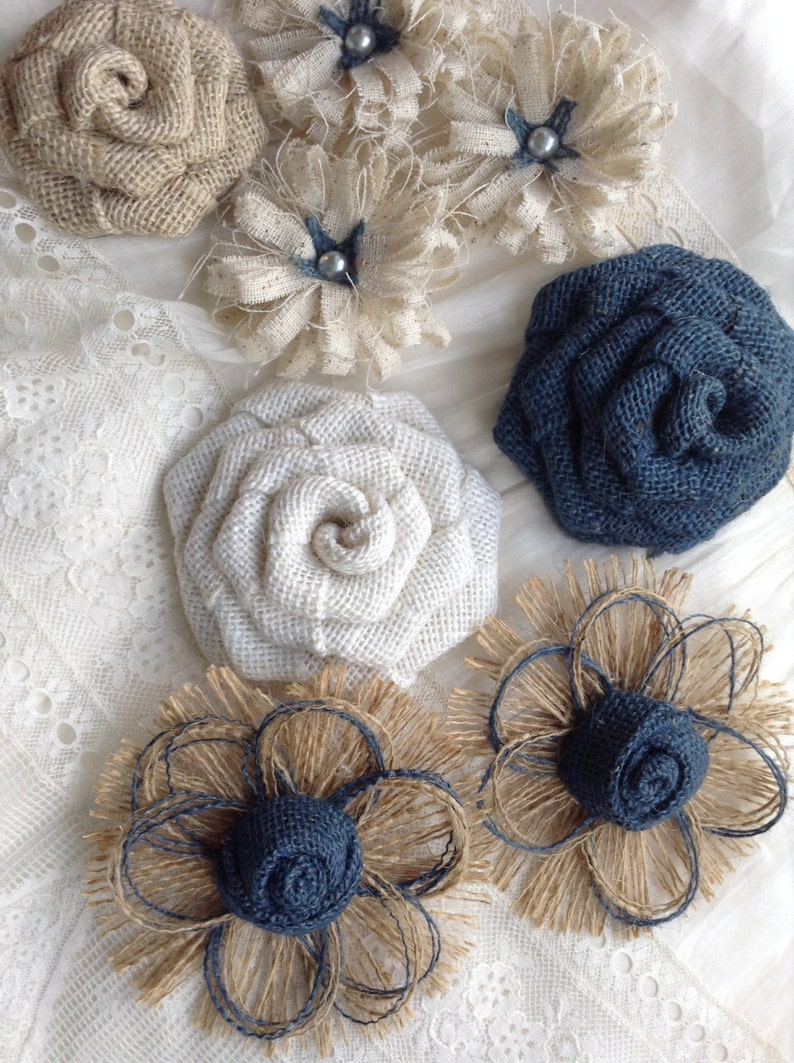 Navy Burlap 8 Flower Set, Shabby, Rustic, Navy Roses, Navy flowers, Navy burlap, farmhouse decor, rustic decor, DIY, navy blue flowers image 3