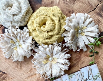 Butter Yellow and Cream Burlap Flower Set of 6 -Rustic Wedding, Yellow Burlap, Yellow flower, farmhouse wedding, rustic decor, butter yellow