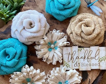 Aqua Burlap Flower Set of 7, Beach Decor, Beach Wedding, Aqua Flowers, farmhouse flowers, burlap flowers, Aqua, Aqua Wedding, Rustic, Shabby