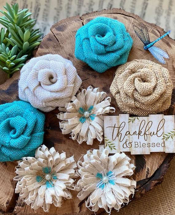 Aqua Burlap Flower Set of 7, Beach Decor, Beach Wedding, Aqua Flowers,  Farmhouse Flowers, Burlap Flowers, Aqua, Aqua Wedding, Rustic, Shabby 