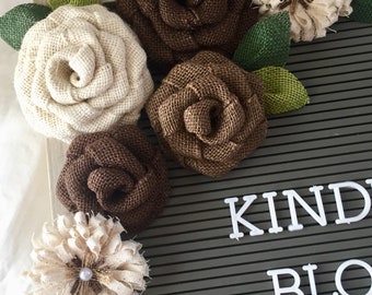 Brown Burlap Flower Set of 15 - burlap flowers, letter board, flower arrangement, flower kit, rustic flowers, farmhouse decor, farmhouse