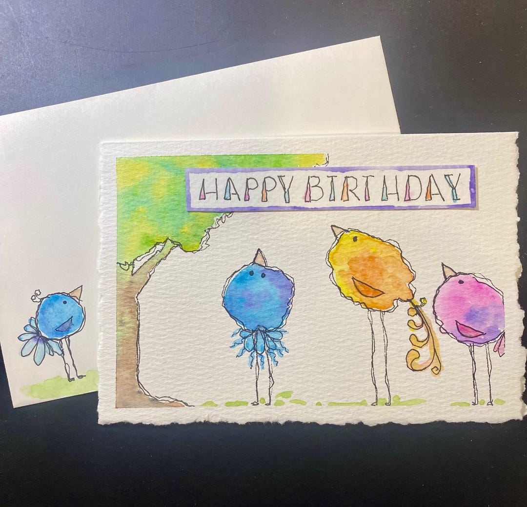 Original Watercolor Birthday Card – Whimsical Bird Art – OOAK Nature ...
