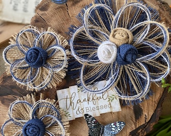 Extra Large Navy Burlap Flower Set of 3 - XL, Navy burlap, navy wedding flowers, navy wedding, cake topper, Large burlap flower, rustic