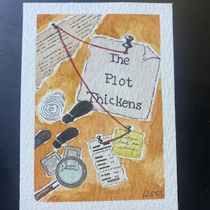 May include: Watercolor illustration on paper with a detective theme. Features the text "The Plot Thickens" on a pinned note, connected by red string to other elements like footprints, a magnifying glass, and documents.