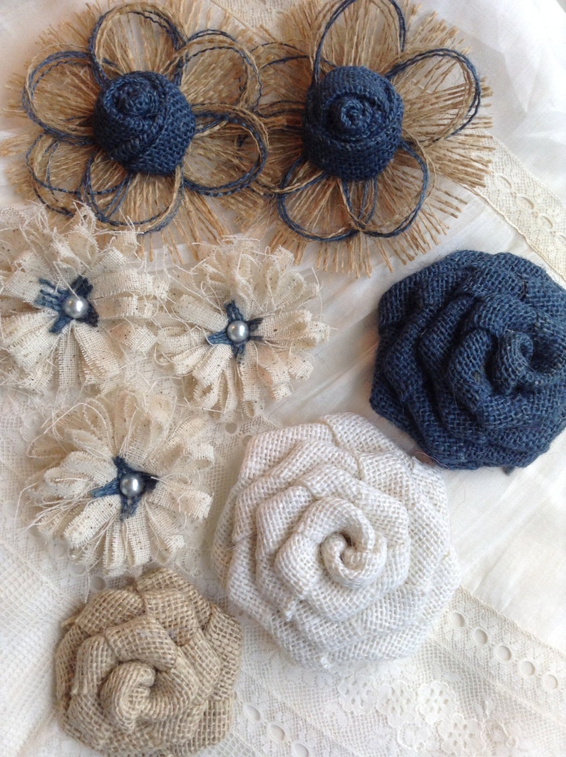 Navy Burlap 8 Flower Set, Shabby, Rustic, Navy Roses, Navy flowers, Navy burlap, farmhouse decor, rustic decor, DIY, navy blue flowers image 2