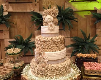 Rustic Wedding Burlap Flower Mix - Set of 10 - YOU Choose ACCENT Color - Cake Topper - Rustic Wedding Cake, Farmhouse Cake topper, Farmhous