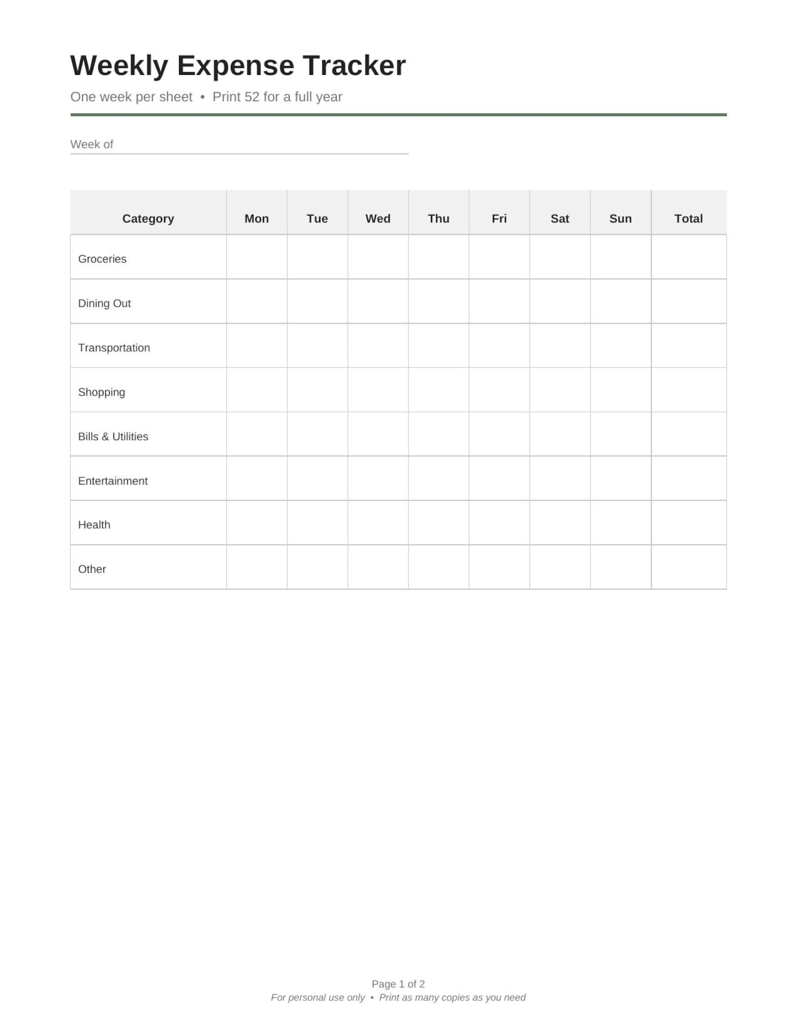 Weekly Expense Tracker Printable, Spending Log, Weekly Budget Planner ...