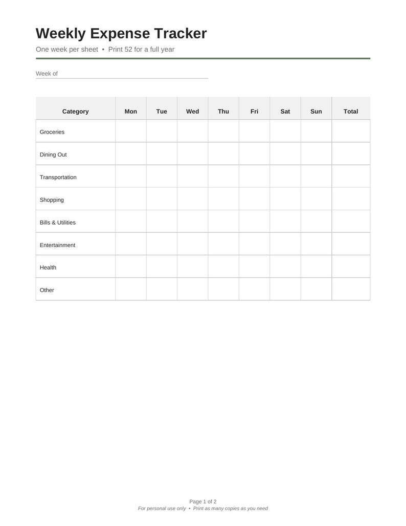 Weekly Expense Tracker Printable, Spending Log, Weekly Budget Planner ...