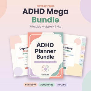 ADHD Mega Bundle: Printable & Digital Planner, Dopamine Menu, Habit Journal (5 Kits)