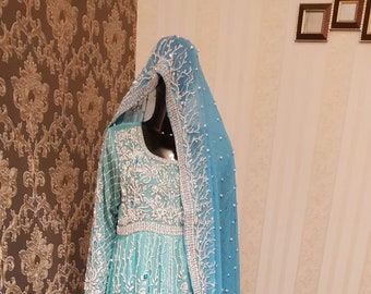 Pakistani bridal maxi dress, long blue gown, bridal dress, wedding outfits