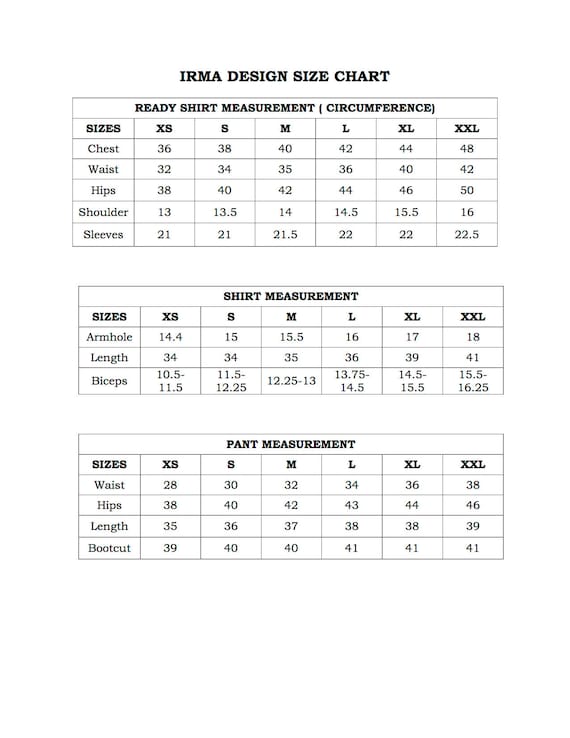 Size chart for deals pakistani salwar kameez