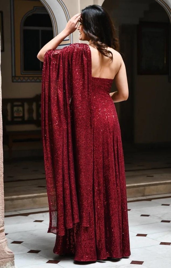 Red Colour Crepe Designer Saree Gown Online | Saree dress, Saree designs, Saree  blouse designs