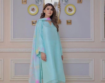 Powder Blue Rawsilk Shalwar Kameez