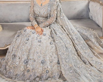 Silver Grey lehenga gown for Pakistani Bridal Wear