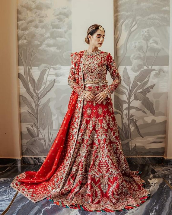 Red Designer Reception and Wedding Gown with Embroidery -
