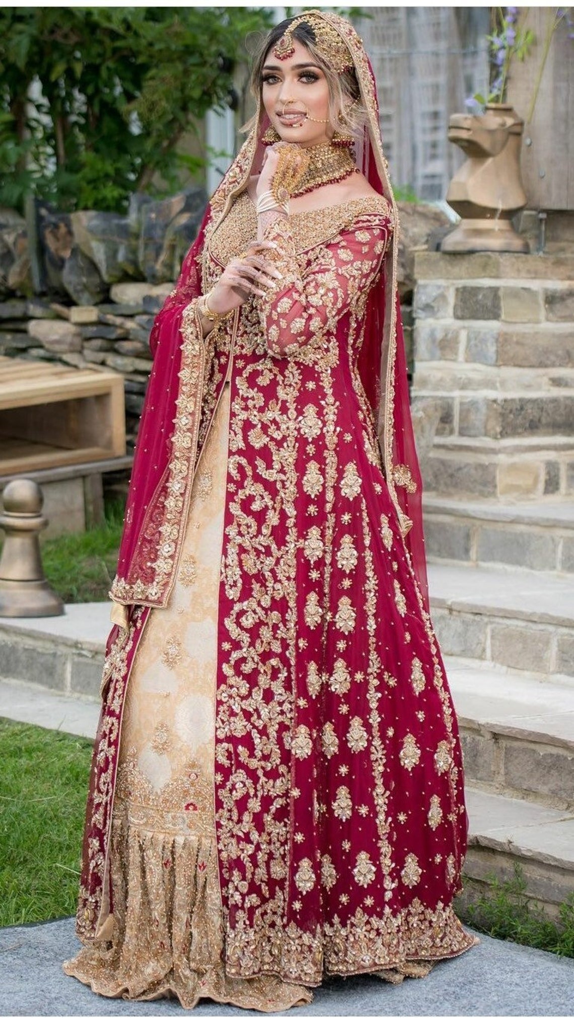 Pakistani Traditional Red and Champagne Bridal Dress - Etsy