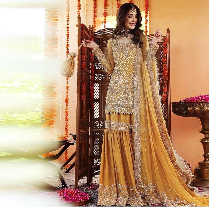 Yellow Pakistani Mehendi/Mayoun gharara image 1