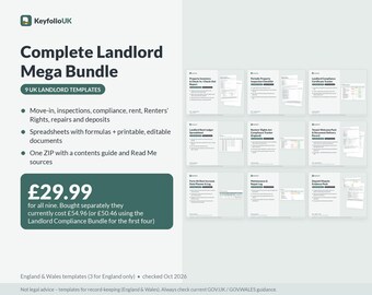 Paquete completo para propietarios en el Reino Unido / 9 plantillas: Inventario, Libro de alquileres, Ley de derechos de los inquilinos, Depósito, Reparaciones / Excel Word PDF