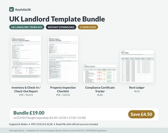 Paquete de plantillas de cumplimiento para propietarios en el Reino Unido / Informe de inventario, lista de verificación de inspección, registro de certificados y libro de contabilidad de alquileres / Inglaterra y Gales