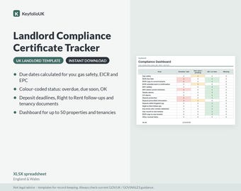 UK Landlord Compliance Tracker Spreadsheet | Gas Safety, EICR, EPC, Deposit, Right to Rent Due Dates | Excel Google Sheets Template