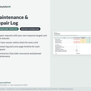 Può includere: Un modello digitale di registro di manutenzione e riparazione per proprietari nel Regno Unito. Il documento presenta una dashboard con una tabella per tracciare richieste di riparazione, avvisi di accesso e appaltatori in formato XLSX.