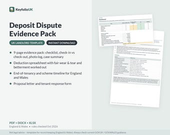 Paquete de pruebas para disputas sobre depósitos para arrendadores / Hoja de cálculo del cronograma de deducciones, desgaste / Depósito de alquiler en el Reino Unido DPS TDS mydeposits