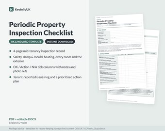 Plantilla de lista de verificación para inspección de propiedades de alquiler en el Reino Unido / Formulario de inspección periódica de alquiler / DOCX editable + PDF / Inglaterra y Gales