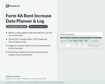 Planificador y registro de fechas de aumento de alquiler (Formulario 4A) / Hoja de cálculo para la calculadora de avisos de la Sección 13 / Hojas de cálculo para propietarios en Inglaterra (Excel y Google Sheets, 2026)