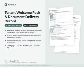 Paquete de bienvenida para inquilinos y registro de entrega de documentos / Plantilla para propietarios en el Reino Unido (Inglaterra) / Documento Word editable (DOCX) + PDF imprimible / Derechos de los inquilinos 2026