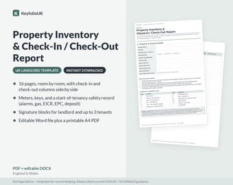 Plantilla de informe de inventario de entrada y salida para propietarios en el Reino Unido / Documento Word editable (DOCX) + PDF imprimible / Formulario para propiedades de alquiler en Inglaterra y Gales