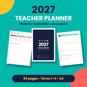 Könnte beinhalten: Ein 2027 Lehrerplaner mit dunkelblauem Einband, verziert mit Apfel-, Stift-, Buch- und Sternsymbolen. Das Set enthält eine Seite für Semesterdaten und einen Wochenplan auf türkisfarbenem Grund, 65 Seiten und A4-Format.