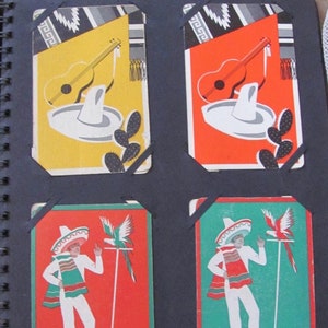 4 enkele geruilde speelkaarten - Mexico Parrot sombrero-gitaar//vintage individueel verzamelen plakboek ephemera halverwege de eeuw