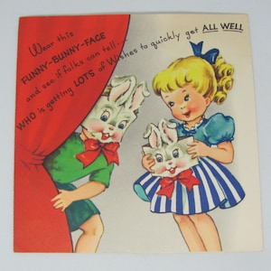 Désolé, vous êtes malade, guérissez vos voeux - carte de voeux vintage rétro du milieu du siècle - se transforme en masque de lapin ** livraison gratuite au tarif lettre