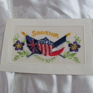 USA France Antique Post Card Circa Early Century WWI // Unused Embroidered Floral Silk Carte Postale 3.5" x 5.5" *Free letter rate shipping*
