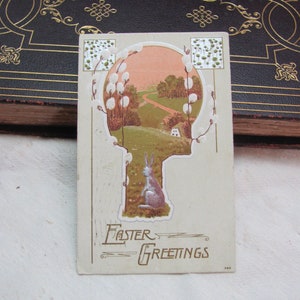 Antike Ostergrüße Postkarte 1911 Gebraucht Carte Postale // Silber & Goldvergoldet Bauernhof Hase Art Deco