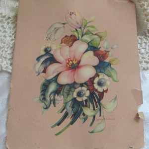 Art floral des années 40 Georgia Caldwell, impression sur papier pour encadrer 20 x 10 po.//A besoin de restauration